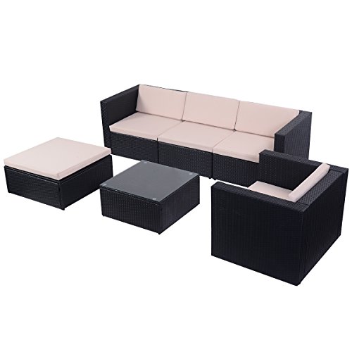 Tangkula 6 PCS Outdoor Patio Rattan Wicker Sectional Furniture Set Table Sofa Cushioned Black