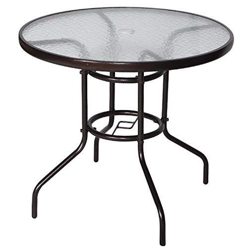 Cloud Mountain 32&quot Tempered Glass Top Umbrella Stand Table Patio Round Outdoor Dining Table Dark Chocolate