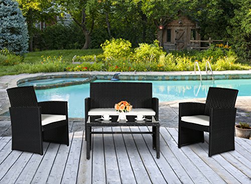 Cloud Mountain 4 PC PE Rattan Patio Furniture Set Wicker Outdoor Backyard Garden Lawn Sofa Cushioned Seat Chat Set Black