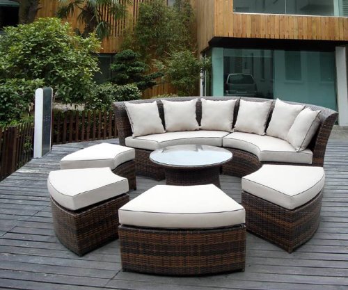 Genuine Ohana Outdoor Patio Wicker Furniture 7pc All Weather Round Couch Set with Free Patio Cover
