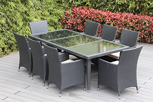 Genuine Ohana Outdoor Patio Wicker Furniture 9pc All Weather Dining Set with Free Patio Cover