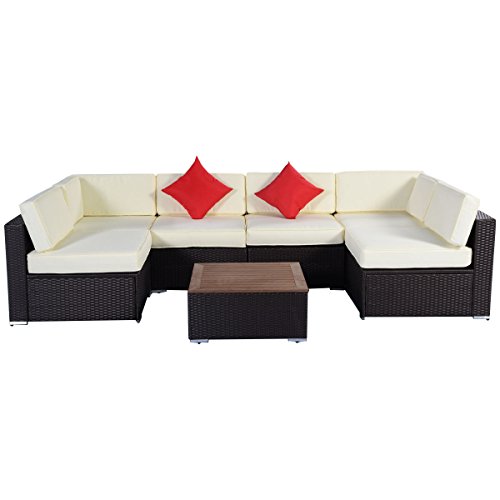 Tangkula 7PC Outdoor Patio Furniture Wicker Rattan Sofa Set Poly Wood Cushion Brown