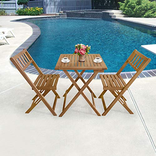 3-Piece Acacia Wood Folding Patio Bistro Set Outdoor Bistro Set Table and Chairs Set with 2 Chairs and Square Table for Pool Beach Backyard Balcony Porch Deck Garden Wooden Furniture Natural Oiled