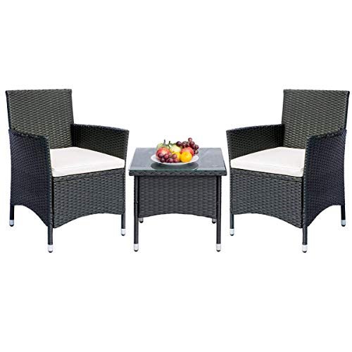 Balcony Furniture SetJULYFOX 3 Piece Wicker Patio Furniture Sofa Chair and Table Set Grey PE Rattan Furniture Biege Cushioned Seat All Weather Bistro Conversation Set Modern Backyard Garden Furniture