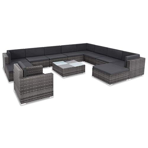 Festnight 12 Piece Outdoor Patio Sofa Conversation Set Gray Poly Rattan Sectional Sofa Loungers with Tempered Glass Top Coffee Table and Soft Cushion Ottoman Garden Backyard Balcony Furniture