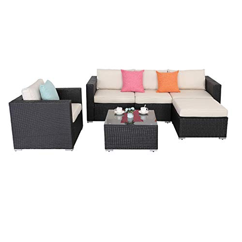 Furnimy 6 PCS Patio Furniture Sets Sofa Sectional Furniture Rattan Wicker Conversation Sets Backyard Porch Lawn Garden Balcony Furniture Set with Tea Table and Cushions Beige