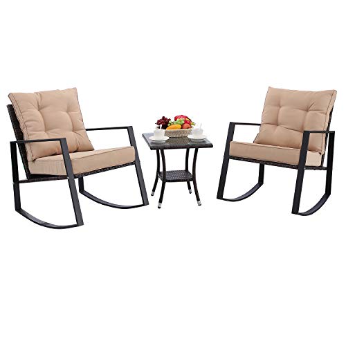HTTH 3 Pieces Outdoor Rocking Chair Bistro Set Steel Furniture with Glass Coffee Table Thickened Cushion Wicker Rattan Set Lawn Garden Backyard Balcony Furniture Beige