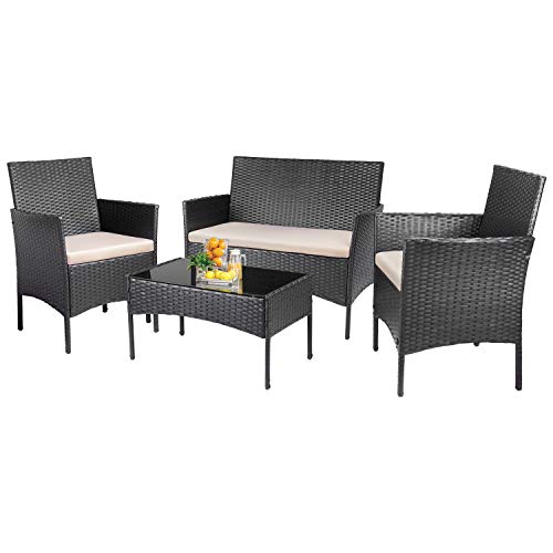 KaiMeng 4 Pieces Patio Furniture Sets Outdoor Indoor Use Conversation Sets Rattan Wicker Chair with Table Backyard Lawn Porch Garden Poolside Balcony FurnitureBlack