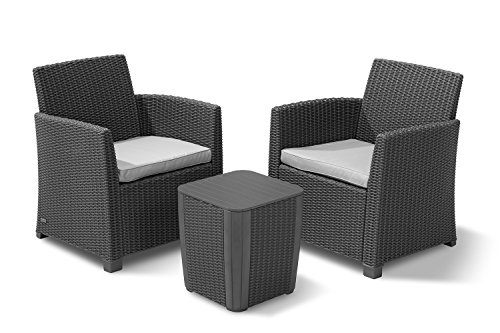Keter 234078 Corona 3 Piece Set All Weather Outdoor Patio Balcony Furniture with Cushions Graphite