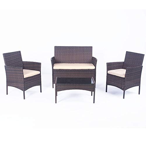 United Flame Sofa sets 4 Pieces Outdoor Patio Furniture Sets Rattan Chair Wicker Set Backyard Porch Garden Balcony Furniture Sofa Set with Beige Cushions and Glass Table All Weather RTA Furniture Sets