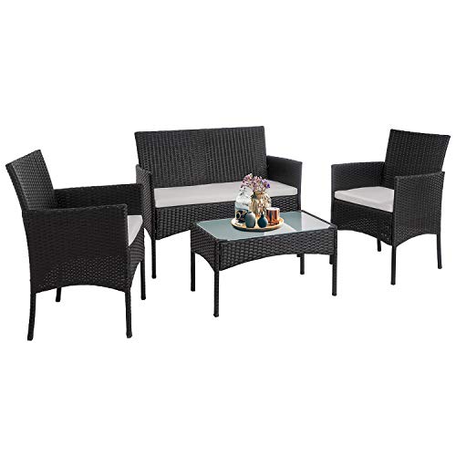 Walsunny 4 Pieces Outdoor Patio Furniture Sets Rattan Chair Wicker SetOutdoor Indoor Use Backyard Porch Garden Poolside Balcony Furniture（Black）