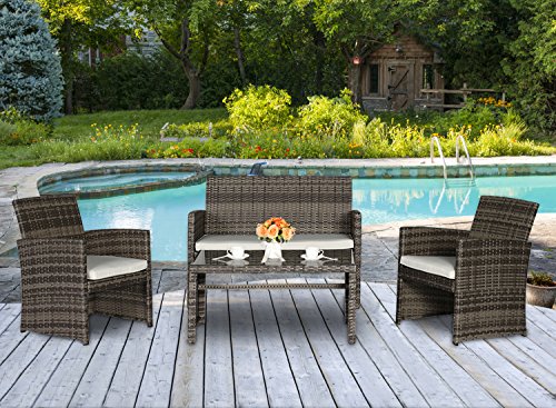 Cloud Mountain 4-Piece Outdoor Garden Backyard Patio Lawn Furniture Set with White Cushioned Seat Rattan Wicker Sofa Mix Gray