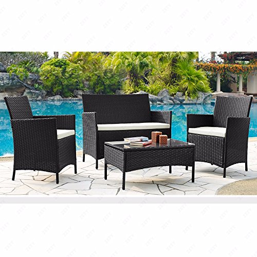 URattan 4PC Outdoor Rattan Wicker Patio Furniture Set Cushioned Sofa Table Garden Lawn Black