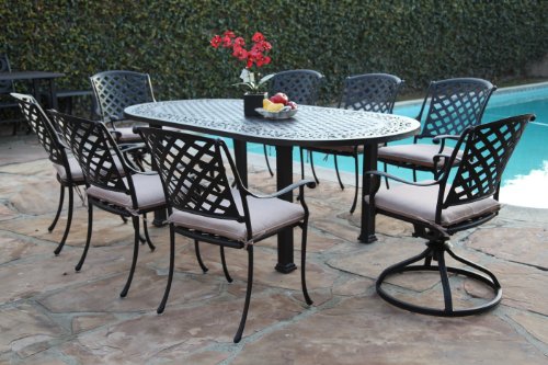 Outdoor Cast Aluminum Patio Furniture 9 Piece Dining Set AO with 6 Armchair 2 Swivel Rockers CBM1290