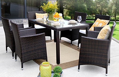 Baner Garden 7 Pieces Outdoor Furniture Complete Patio Cushion PE Wicker Rattan Garden Dining Set Full Brown