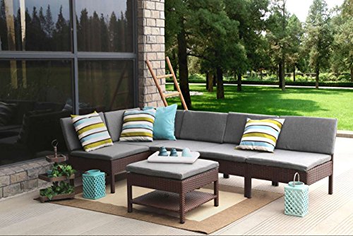 Baner Garden K55 6 Pieces Outdoor Furniture Complete Patio Wicker Rattan Garden Corner Sofa Couch Set Full Black