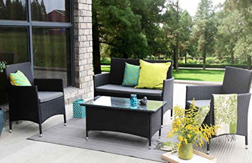 Baner Garden N68 4 Pieces Outdoor Furniture Complete Patio Wicker Rattan Garden Set Full Black