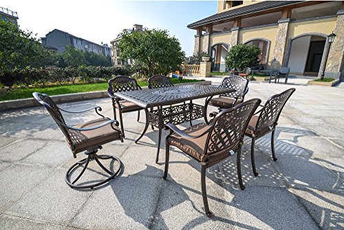 Domi Outdoor Living Rainier Cast Aluminum Outdoor Patio Set 7-Piece Powder Coated with 59x35 Rectangle Dining Table 4 Dining Chairs2 Swivel ChairsAntique Bronze