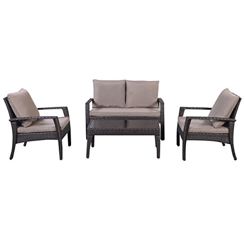 Giantex 4pc Patio Rattan Furniture Set Tea Tableampchairs Outdoor Garden Steel Frame