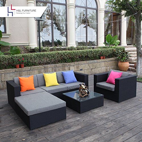 H&L Patio 6PCS Rattan Wicker Sofa Set Outdoor Garden Furniture Cushioned Sofa Set with Ottoman BlackNo Assembly Required