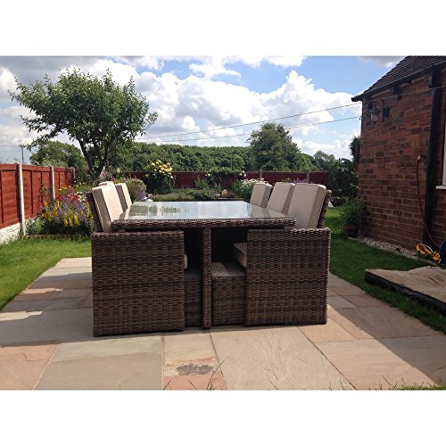 RadewayÂ 11 PCS Patio Furniture Dining set Garden Outdoor patio furniture sets Wicker Outdoor Patio Cube sets W Chocolate Mix Rattan Sand Cushions