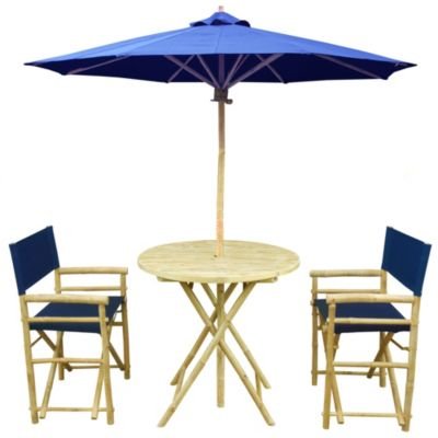 Zew Handmade 4-Piece Bamboo Outdoor Patio Set Includes Round Table 2 Canvas Chairs and 1 Umbrella Indigo