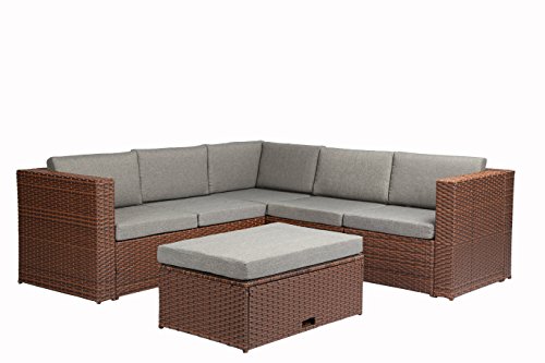 Baner Garden K35-BR 4  Pieces Outdoor Furniture Complete Patio Cushion Wicker Rattan Garden Corner Sofa Couch Set Full Brown