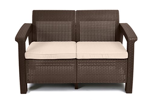 Keter Corfu Love Seat All Weather Outdoor Patio Garden Furniture W/ Cushions, Brown