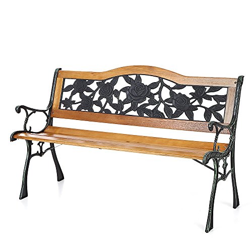 IKAYAA Cast Iron Wood Outdoor Patio Park Garden Bench Furniture Deck Porch Backyard Lawn Chair Rose Pattern