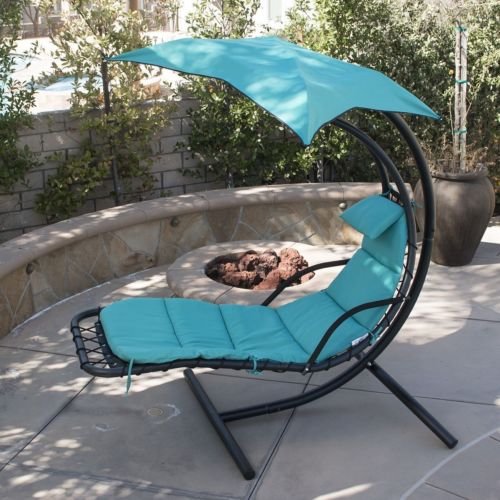 Outdoor Hanging Chaise Lounger Chair with Umbrella Lawn Garden Beach Hanging Air Porch Arc Stand Floating Swing Hammock Chair -Blue