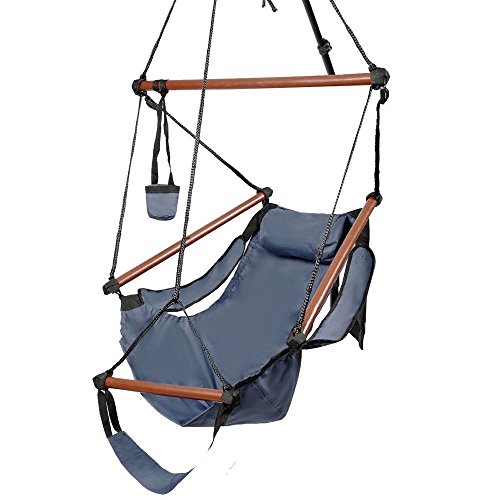 FCH Outdoor Air Deluxe Sky Swing Hammock Chair Hanging Rope Chair with Pillow Arm Arrest Footrest and Drink Holder for Patio Furniture Camping Travel Porch Lounge Blue