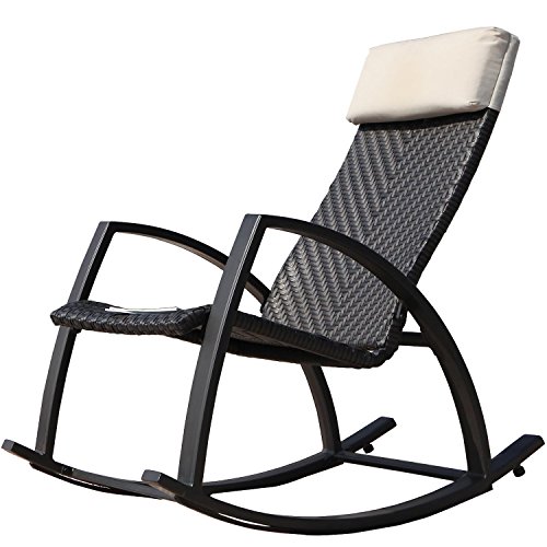 Grand Patio Weather Resistant Wicker Rocking Chair with Breathable Headrest and Wood Grain Painted Armrests Aluminum Frame Outdoor Rocking Chair Dark Brown