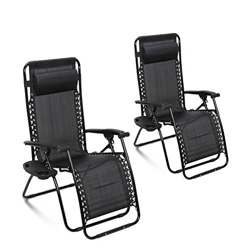 Ollieroo 2-Pack Black Zero Gravity Lounge Chair with Pillow and Utility Tray Adjustable Folding Recliner Outdoor Patio Chair