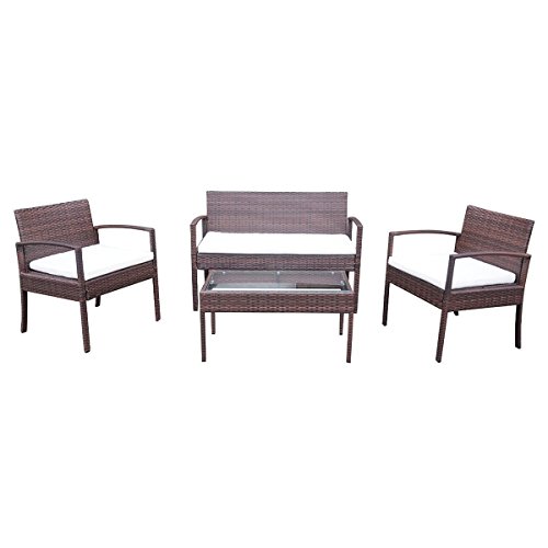 Radeway Patio Chairs Set of 4 Patio Wicker Sofa With Cushioned Seat Outdoor Garden Patio Furniture Set Brown