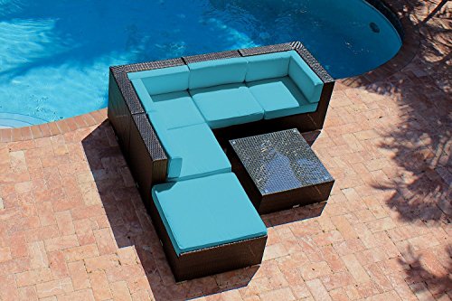 6 Piece Outdoor Patio Furniture Modern Sofa Couch Sectional Modular Set - Akoya Wicker Collection turquoise