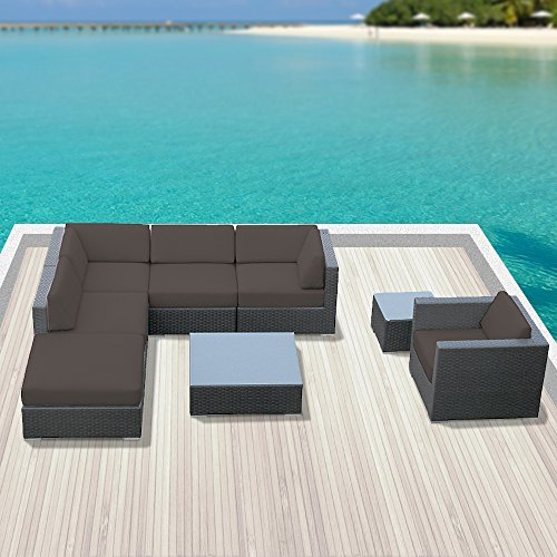 Luxxella Outdoor Sofa Set Beruni 8 Pcs Modern Dark Grey Set Furniture All Weather Wicker Sofa Set