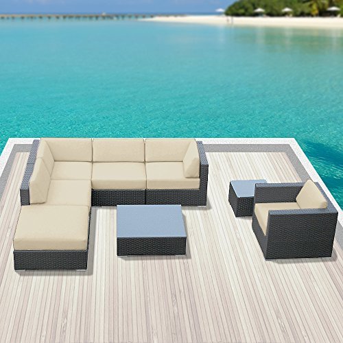 Luxxella Outdoor Sofa Set Beruni 8 Pcs Modern Light Beige Set Furniture All Weather Wicker Sofa Set