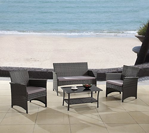 Modern Outdoor Garden Patio 4 Piece Seat - Gray Espresso Wicker Sofa Furniture Set grey
