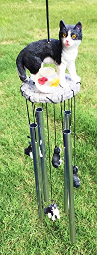 Black Kitty Cat With Fish Bowl Resonant Relaxing Wind Chime Patio Garden Decor