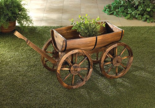Garden Planters Wooden Wagon Wheel Wine Barrel Flower Plant Holder Box Stand Outdoor Indoor Corner Patio Decor