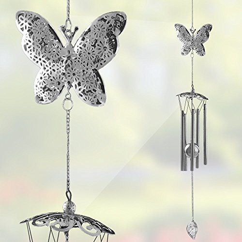 Metal Butterfly Decor - Filigree Butterfly Design with Metal Ball - Windchimes for the Garden - Patio Decor - Butterfly Memorial Gifts - 30 Inch long