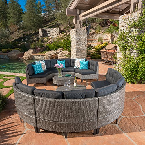 Currituck Outdoor Wicker Patio Furniture 10 Piece Black Circular Sofa Set with Water Resistant Cushions