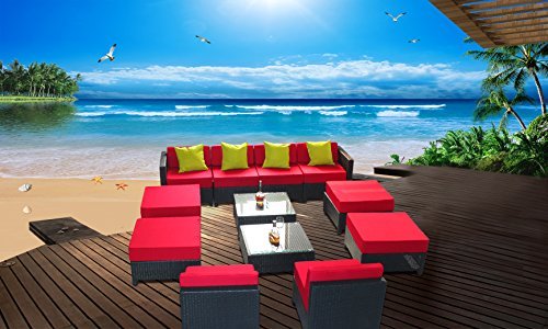 MCombo 12 Piece Luxury Black Wicker Patio Sectional Indoor Outdoor Sofa Furniture Set with Red Cushion