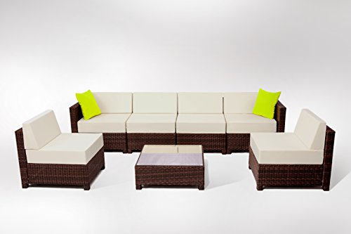 MCombo 7 Piece 6081 New Brown Wicker Patio Sectional Indoor Outdoor Sofa Set with CrÃ¨me White Cushion