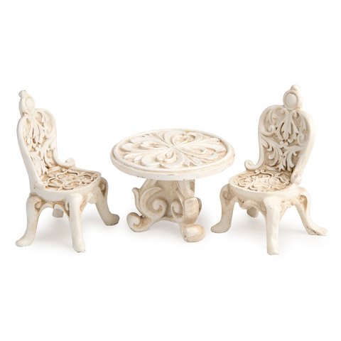 Mini Fairy Garden Fancy Resin Ivory Table and 2 Chairs Set 25 Inch Table