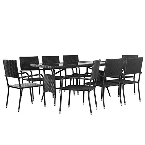 Festnight 9 Piece Outdoor Dining Set Glass Top Table with 8 Stacking Chairs Black Poly Rattan Dining Set Powder-Coated Steel Frame Kitchen Bar Pub Garden Backyard Patio Indoor Outdoor Furniture