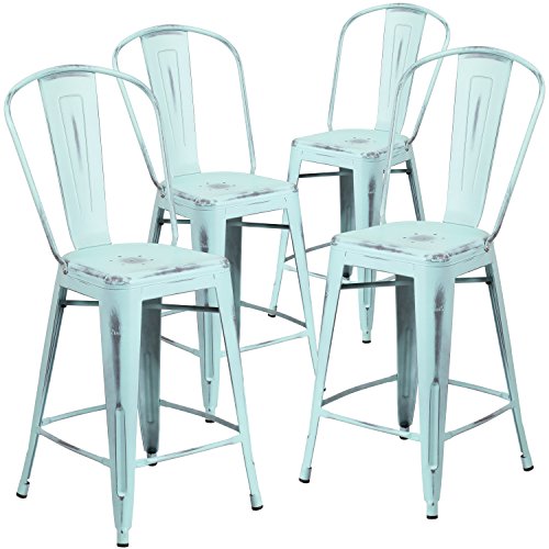Flash Furniture 4 Pk 24 High Distressed Green-Blue Metal Indoor-Outdoor Counter Height Stool with Back