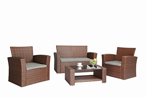 Baner Garden n87 4 Pieces Outdoor Furniture Complete Patio Cushion Wicker Rattan Garden Set Full Brown