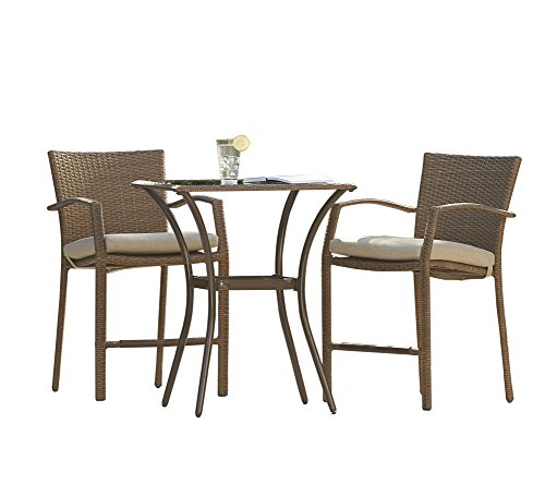 Cosco Outdoor 3 Piece High Top Bistro Lakewood Ranch Steel Woven Wicker Patio Balcony Furniture Set with Cushions Brown