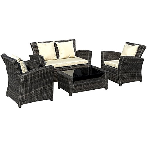 GoplusÂ 4 PCS Brown Wicker Cushioned Rattan Patio Set Garden Lawn Sofa Furniture Seat